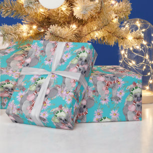 Koala Christmas Botanical Vintage Blue Wrapping Paper
