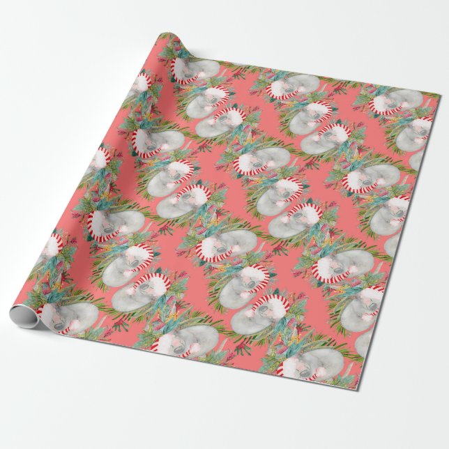 Koala Christmas Pink Wrapping Paper (Unrolled)