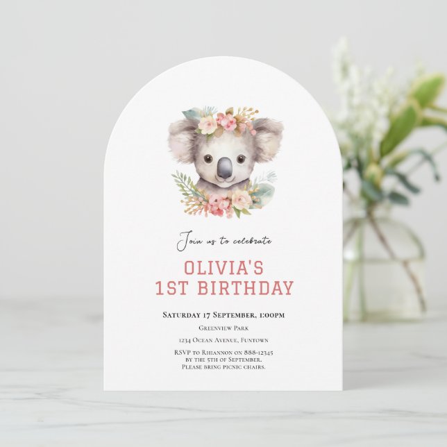Koala cute first birthday invitation (Standing Front)