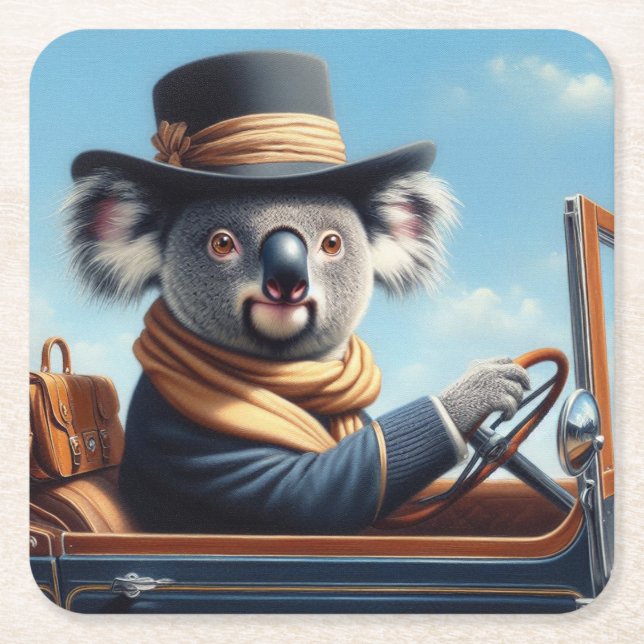 Koala Driving Square Paper Coaster (Front)