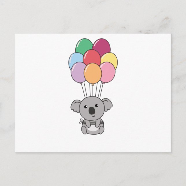 Koala Flies Up With Colourful Balloons Postcard (Front)