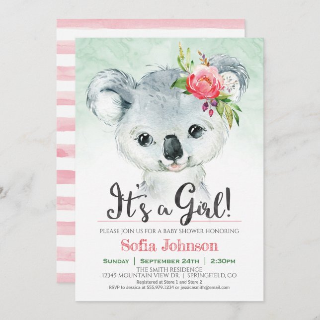Koala Girl Baby Shower Invitation (Front/Back)
