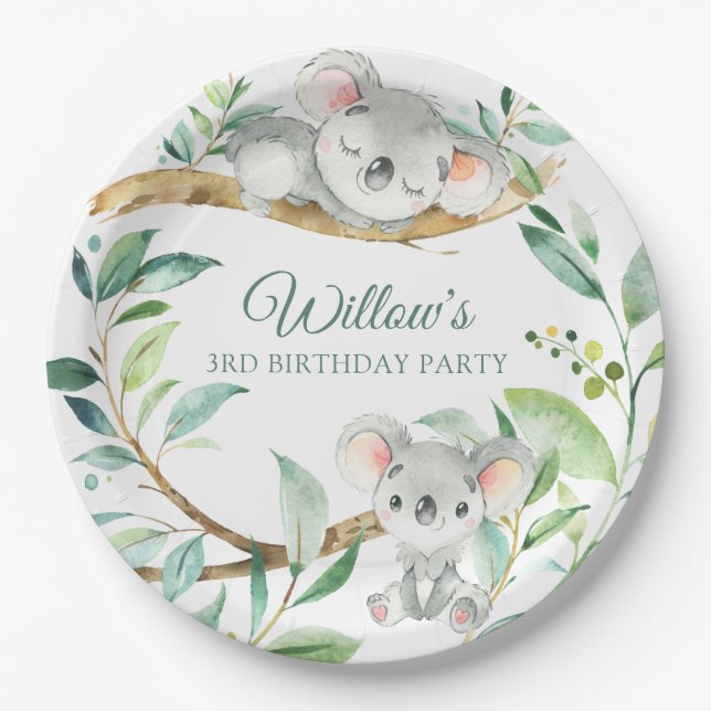 Koala Green and Grey Custom Birthday Party Paper Plate (Front)