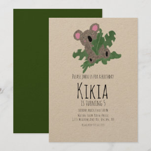 Koala Hand Drawn Animal Green Birthday Party Invitation