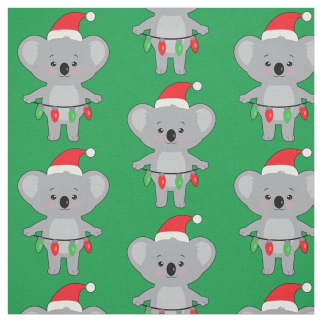 Koala in Santa Hat and Decorating at Christmas Fabric (Swatch)