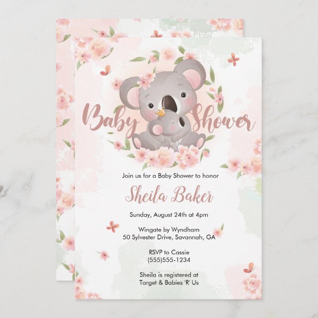 Koala Invitation, Koala Baby Shower Invite (Front/Back)