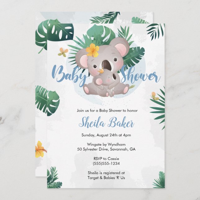 Koala Invitation, Koala Boy Baby Shower Invite (Front/Back)