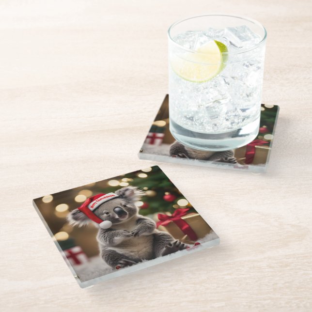 "Koala Kris Kringle: Christmas Down Under" Glass Coaster (Angled)
