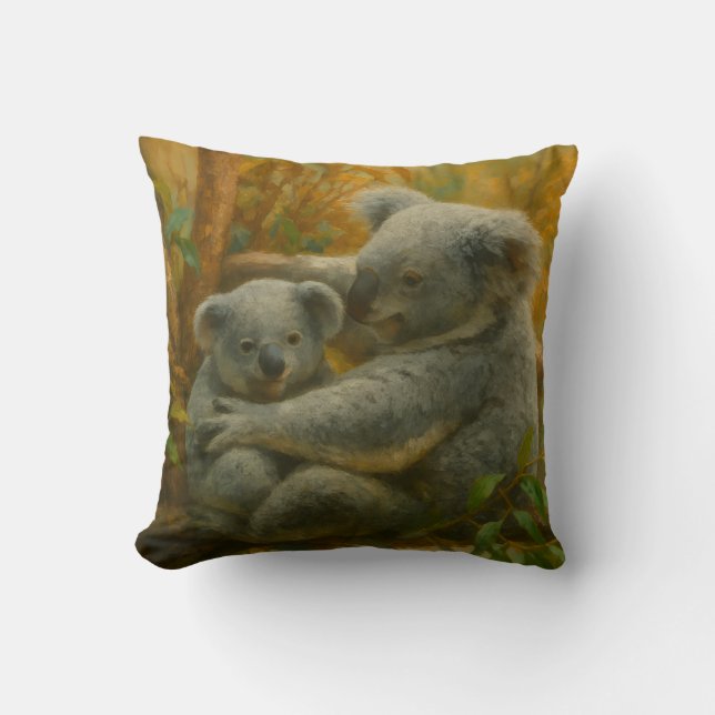 Koala Mother and Joey in Autumn Canopy Cushion (Front)