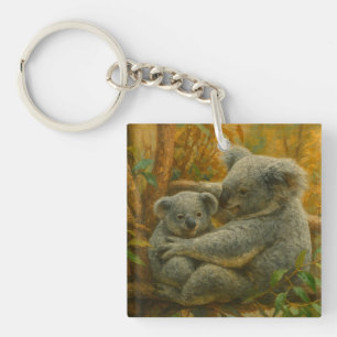 Koala Mother and Joey in Autumn Canopy Key Ring