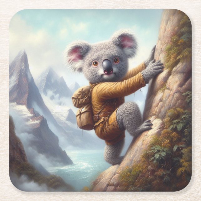 Koala Mountain Climbing Square Paper Coaster (Front)