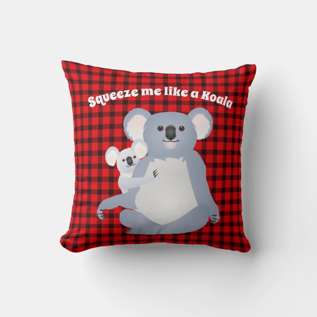 Koala Mum with her Joey on Buffalo Plaid  Cushion (Front)