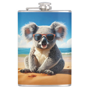 Koala on a sandy beach hip flask