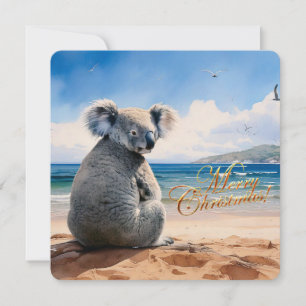 Koala on a sandy beach Merry Christmas Holiday Card
