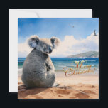 Koala on a sandy beach Merry Christmas Holiday Card<br><div class="desc">FRONT:  Koala sitting on a sandy beach with "Merry Christmas" text

This furry koala is a native of Australia they are easily recognisable by their stout,  tailless body and large head with round,  fluffy ears and large,  spoon-shaped nose.</div>