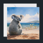 Koala on a sandy beach Merry Christmas Holiday Card<br><div class="desc">FRONT:  Koala sitting on a sandy beach with "Merry Christmas" text

This furry koala is a native of Australia they are easily recognisable by their stout,  tailless body and large head with round,  fluffy ears and large,  spoon-shaped nose.</div>