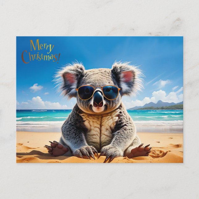 Koala on a sandy beach Merry Christmas Holiday Postcard (Front)
