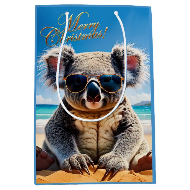 Koala on a sandy beach Merry Christmas Medium Gift Bag (Front)