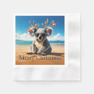 Koala on a sandy beach Merry Christmas Napkin