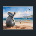 Koala on a sandy beach Merry Christmas Postcard<br><div class="desc">FRONT:  Koala sitting on a sandy beach with "Merry Christmas" text

This furry koala is a native of Australia they are easily recognisable by their stout,  tailless body and large head with round,  fluffy ears and large,  spoon-shaped nose.</div>