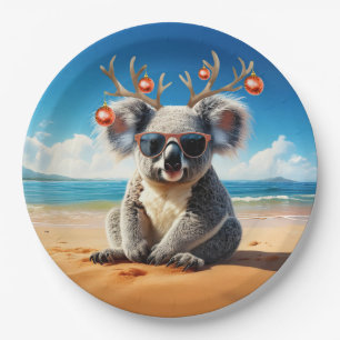 Koala on beach wearing antlers and baubles paper plate