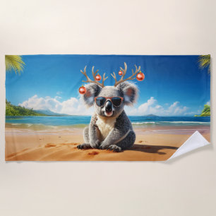 Koala on beach wearing Antlers and baubles Towel
