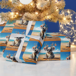 Koala on beach wearing Antlers and baubles Wrapping Paper