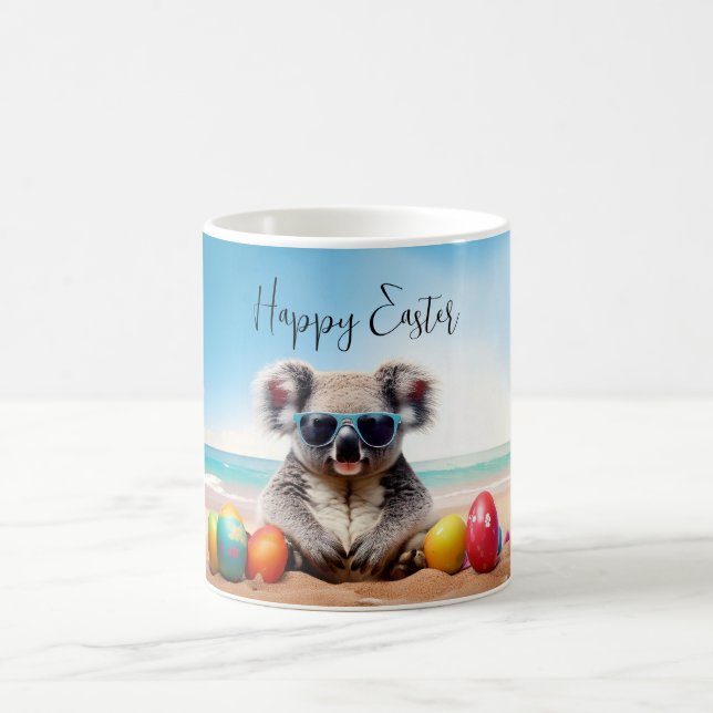 Koala on beach with Easter eggs Happy Easter Coffee Mug (Center)