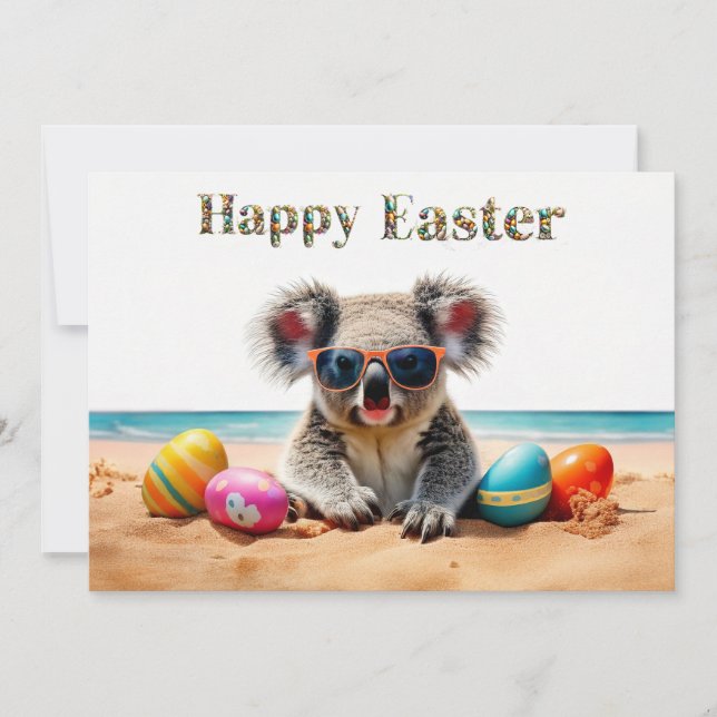 Koala on beach with Easter eggs Happy Easter Holiday Card (Front)