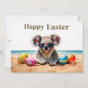 Koala on beach with Easter eggs Happy Easter Holiday Card