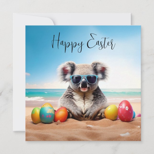 Koala on beach with Easter eggs Happy Easter Holiday Card (Front)