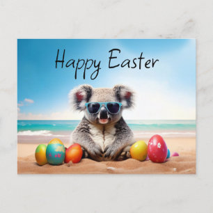 Koala on beach with Easter eggs Happy Easter Holiday Postcard