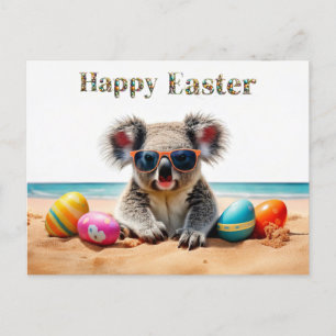 Koala on beach with Easter eggs Happy Easter Holiday Postcard