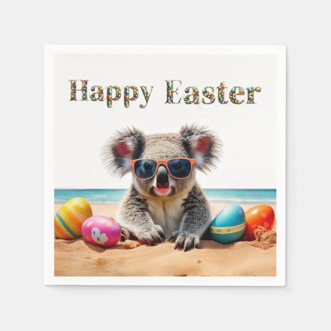 Koala on beach with Easter eggs Happy Easter Napkin (Front)