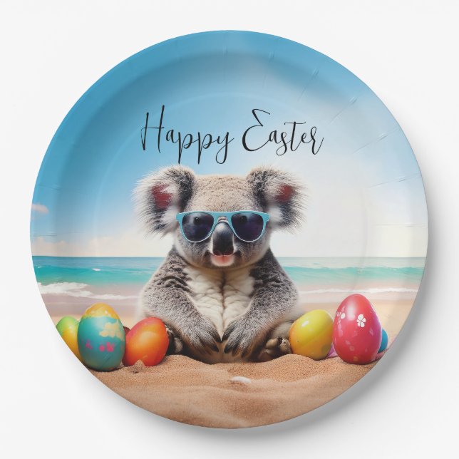Koala on beach with Easter eggs Happy Easter Paper Plate (Front)