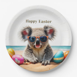 Koala on beach with Easter eggs Happy Easter Paper Plate