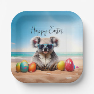 Koala on beach with Easter eggs Happy Easter Paper Plate