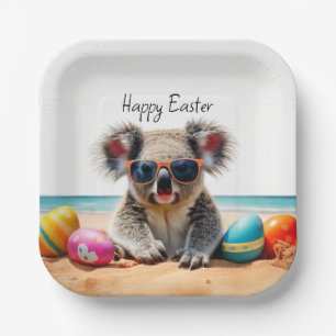 Koala on beach with Easter eggs Happy Easter Paper Plate