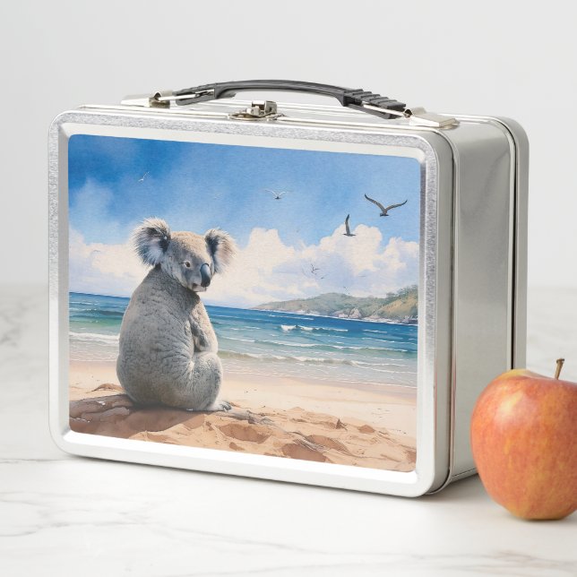 Koala on sandy beach metal lunch box (In Situ)