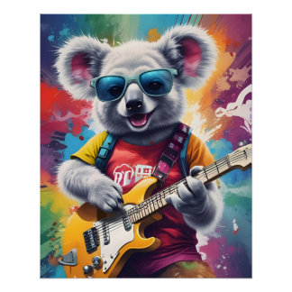 Koala playing guitar, rock graffiti poster