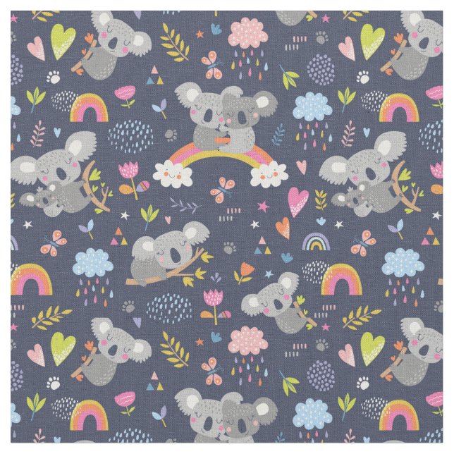 Koala Rainbow Love Pattern Fabric (Close Up)