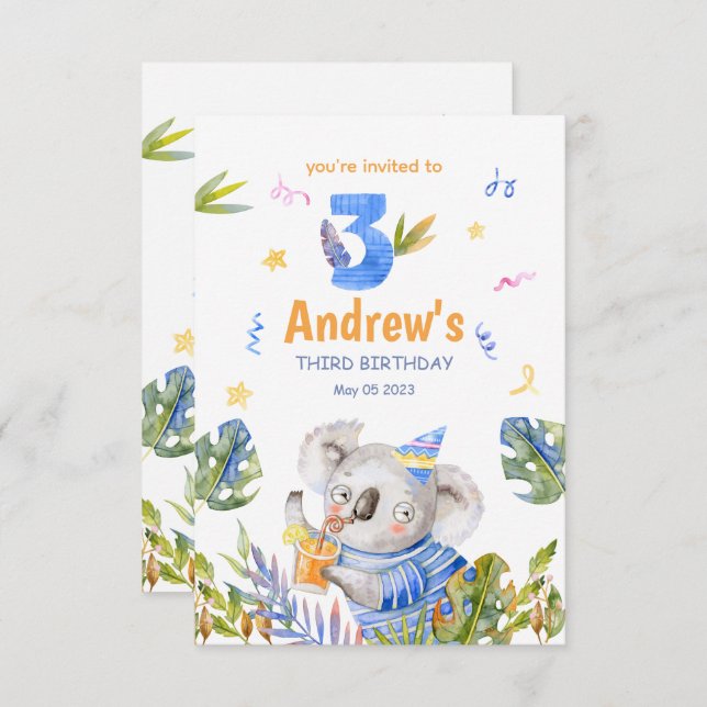 Koala Safari Animals, Koala Birthday  Invitation (Front/Back)