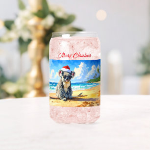 Koala santa hat sunglasses sandy beach can glass