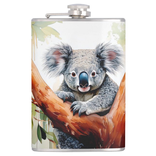 Koala Sitting in a Gum tree Hip Flask (Front)