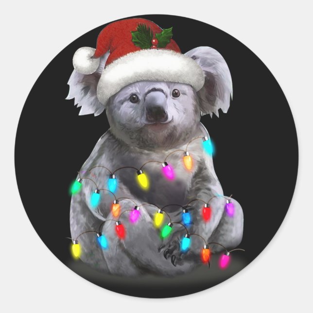 Koala Sitting With Christmas Lights Xmas Season Classic Round Sticker (Front)
