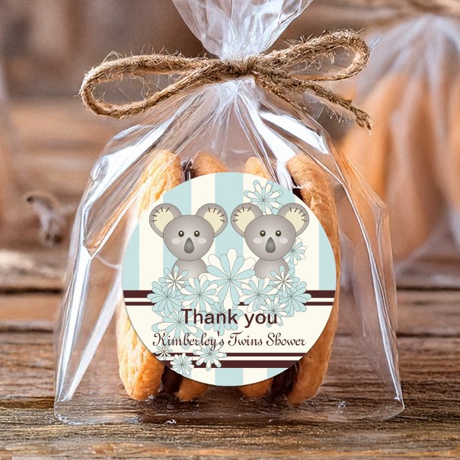 Koala Twin Boy Baby Shower / Birthday Thank You Classic Round Sticker (Creator Uploaded)