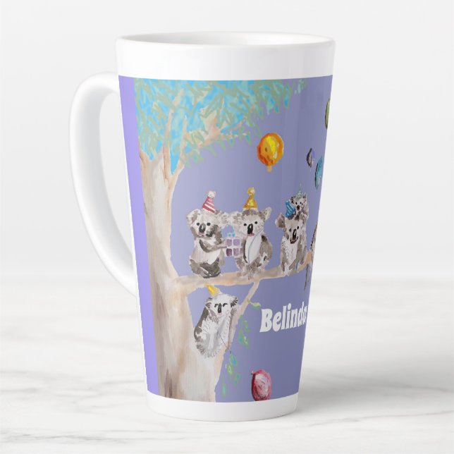 Koala Watercolor Purple Birthday Party Latte Mug (Left Angle)