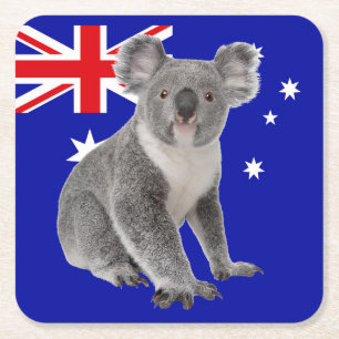 Koala with Australian Flag Background Square Paper Coaster