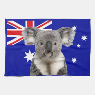 Koala with Australian Flag Background Tea Towel