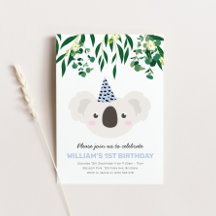 Koala With Blue Party Hat Birthday Invitation
